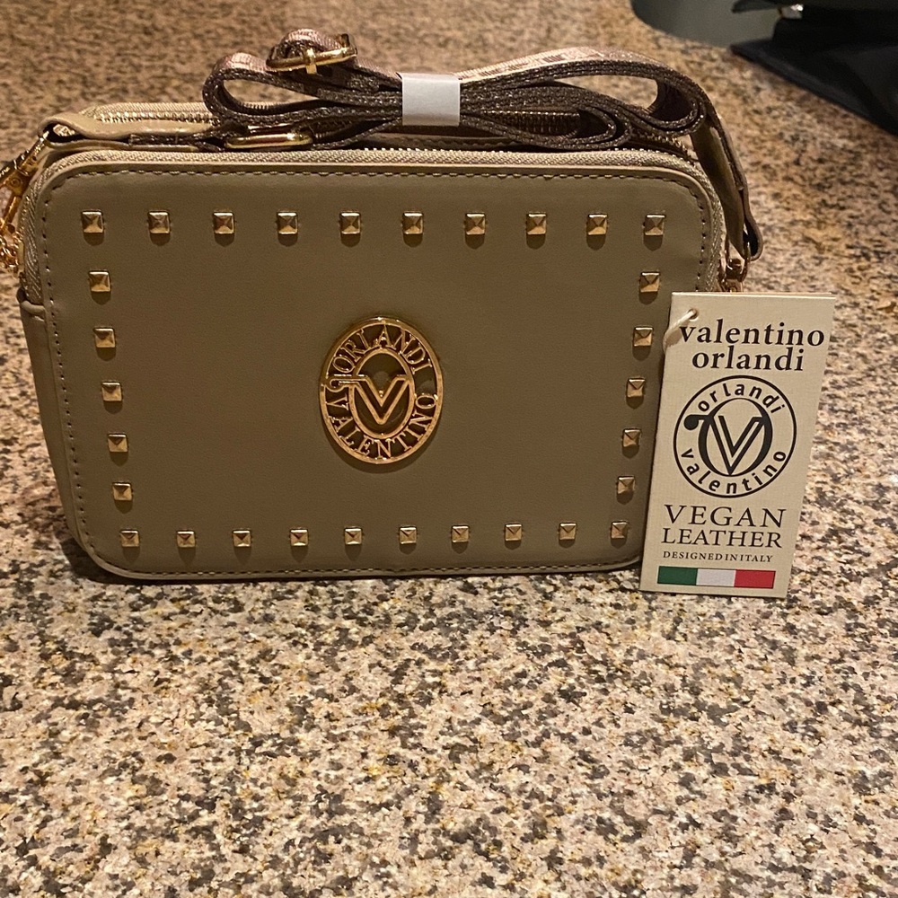 Valentino Orlandi Taupe Crossbody with Gold Studs
